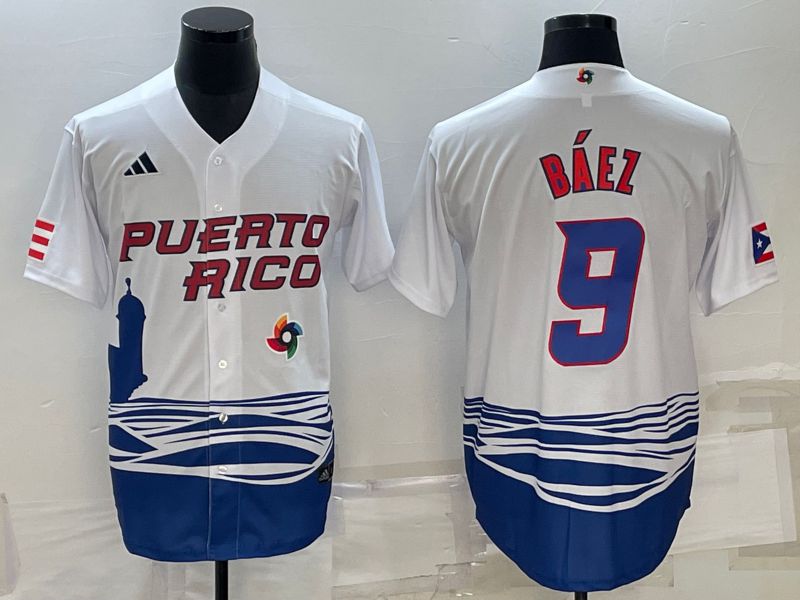 Men 2023 World Cub 9 Baez White MLB Jersey7